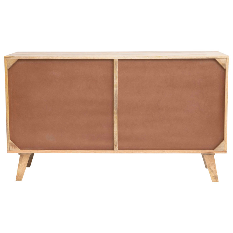 Console en bois de manguier avec 2 tablettes, 3 panneaux de porte en corde tissée et glands