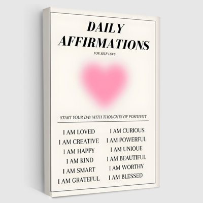 Art mural encadré sur toile, affiche d'affirmations quotidiennes: cœur et citations, style graphique minimaliste. Décoration murale, grande œuvre d'art pour le salon, prête à être suspendue, 24 po x 36 po