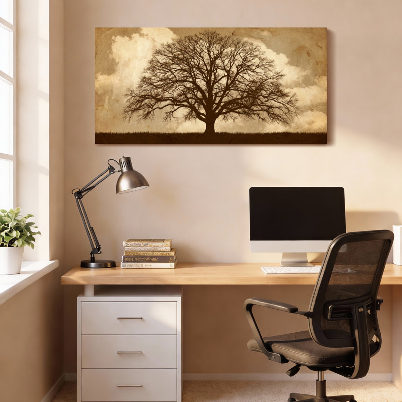 Ensemble de 1 tableau sur toile tendue représentant un paysage en silhouette d'arbre aux tons sépia, H 12 po x l 36 po