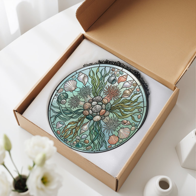 Panneau de fenêtre en verre coloré Seashell Seaweed, 7,8 heures, H 7,8 po