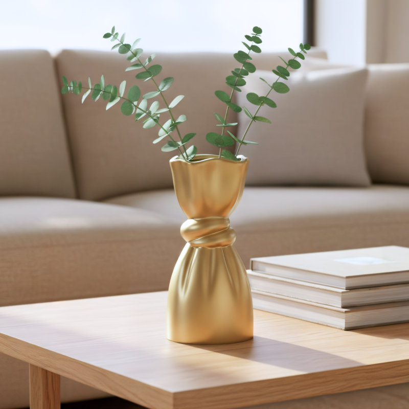 Charmaine 10" Cinched Knot Ceramic Gold Vase, Gold