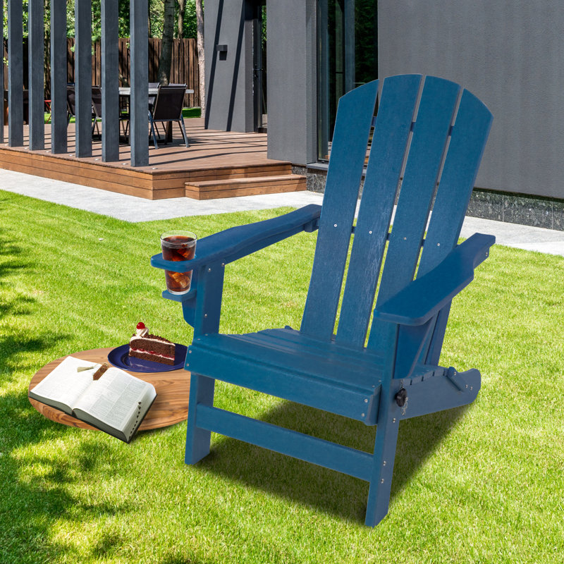  Folding Adirondack Chair Patio Outdoor Chairs HDPE Plastic Resin Deck Chair, Navy Blue