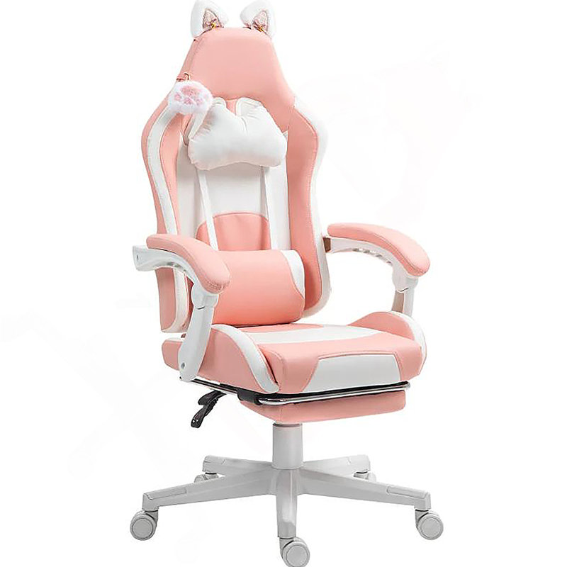 Gaming Chair with Footrest,Racing Gamer Chair, Headrest and Lumbar Support, For Home and Office, Pink/White, White
