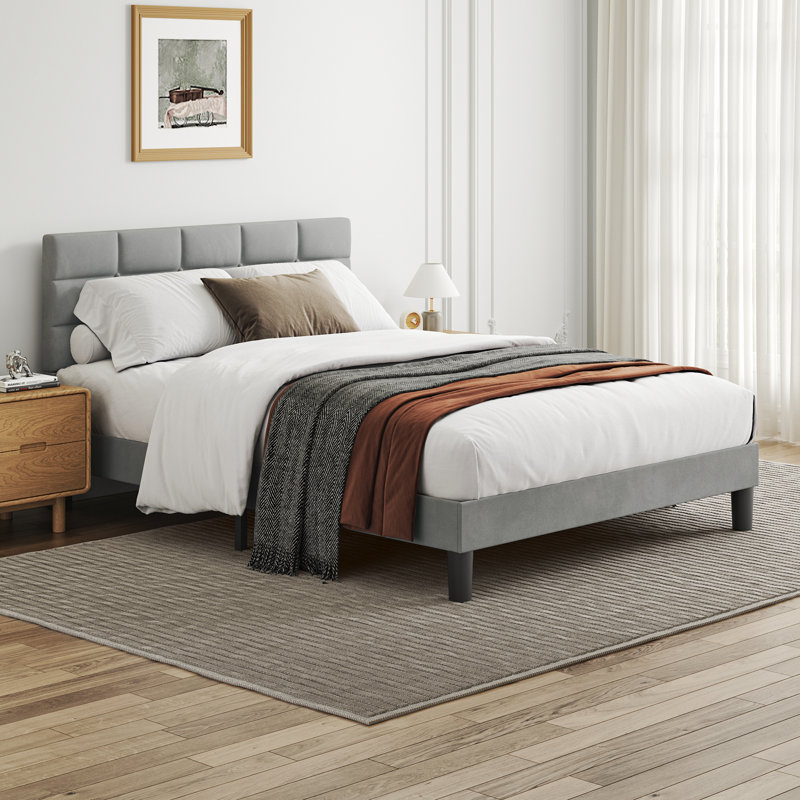 Velvet Upholstered Platform Bed with Headboard, Kingsize (5')
