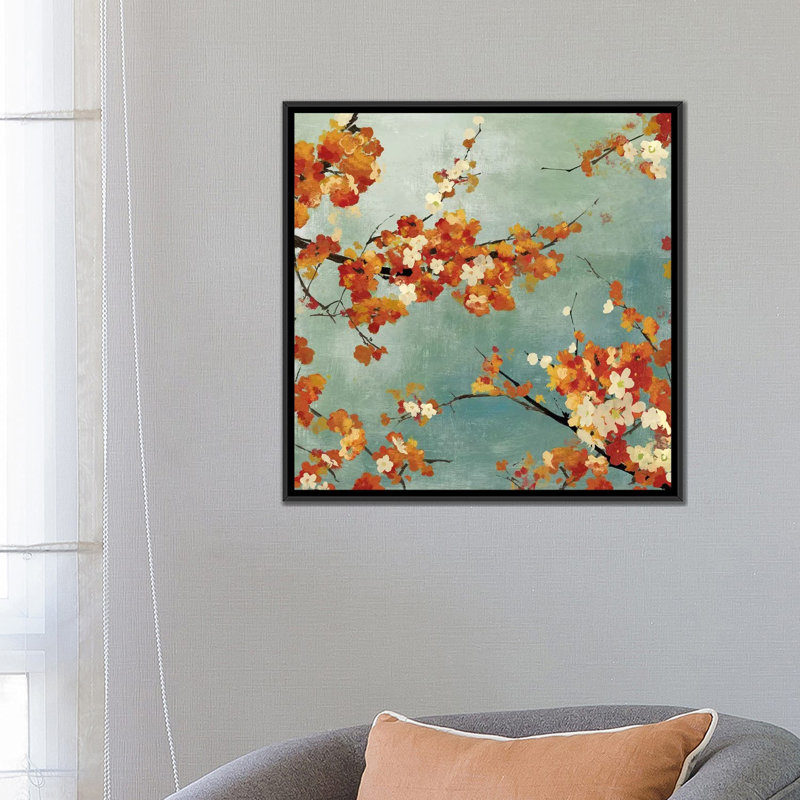 « orange fleurs ii », reproduction sur toile, H 18 po x l 18 po x P 1,5 po, Toile avec cadre noir, Pas de tapis