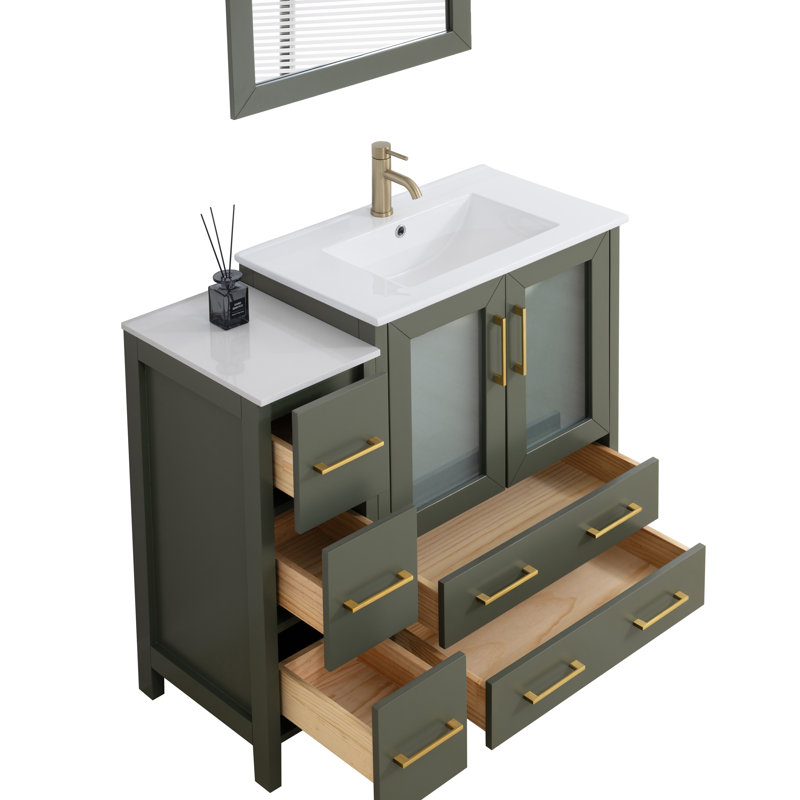 Meuble-lavabo simple 42 po avec plateau et miroir, Vert rétro / or brossé