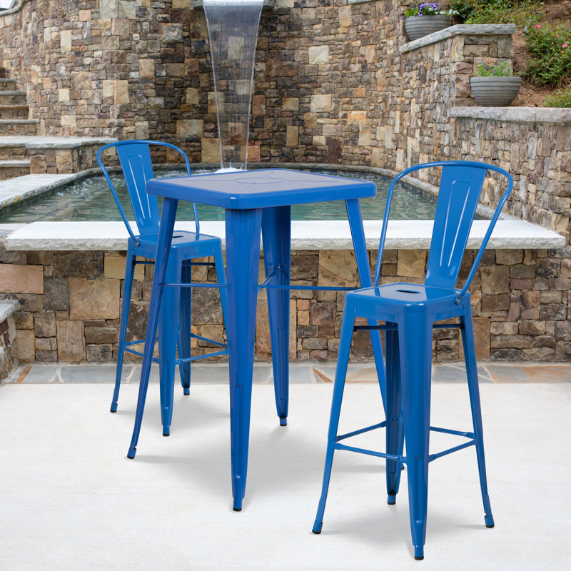 Toquerville Square Metal Indoor-Outdoor Bar Table Set with 2 Stools with Backs, Blue