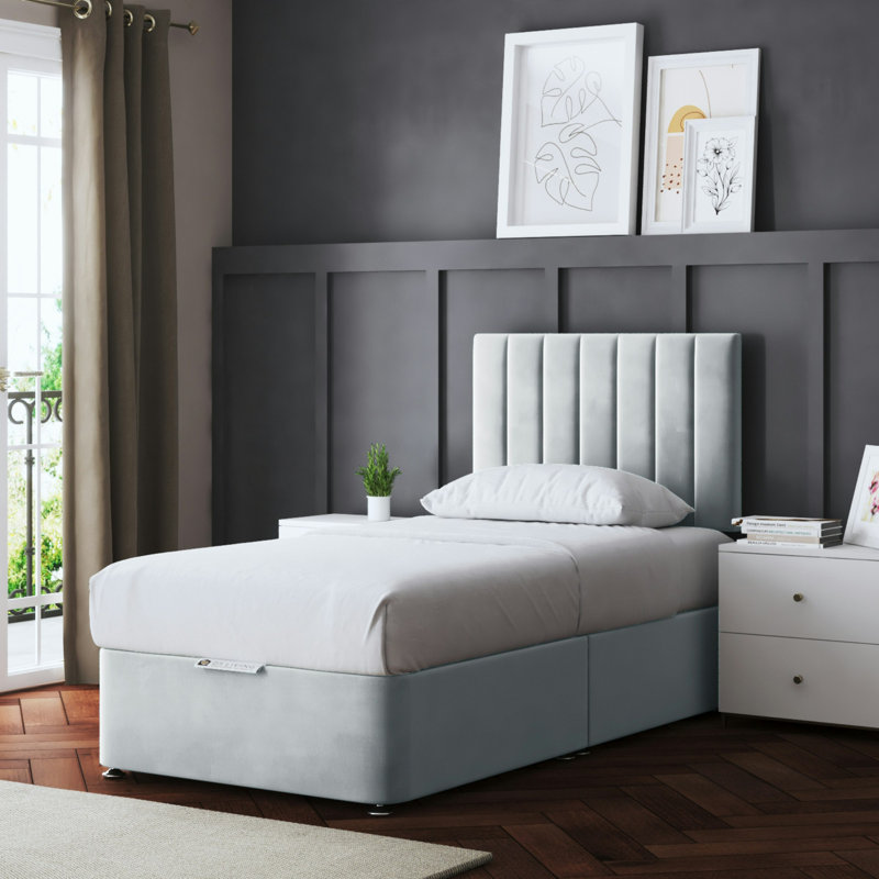  Upholstered Panel Divan Bed with Headboard, Silver, Single (3')