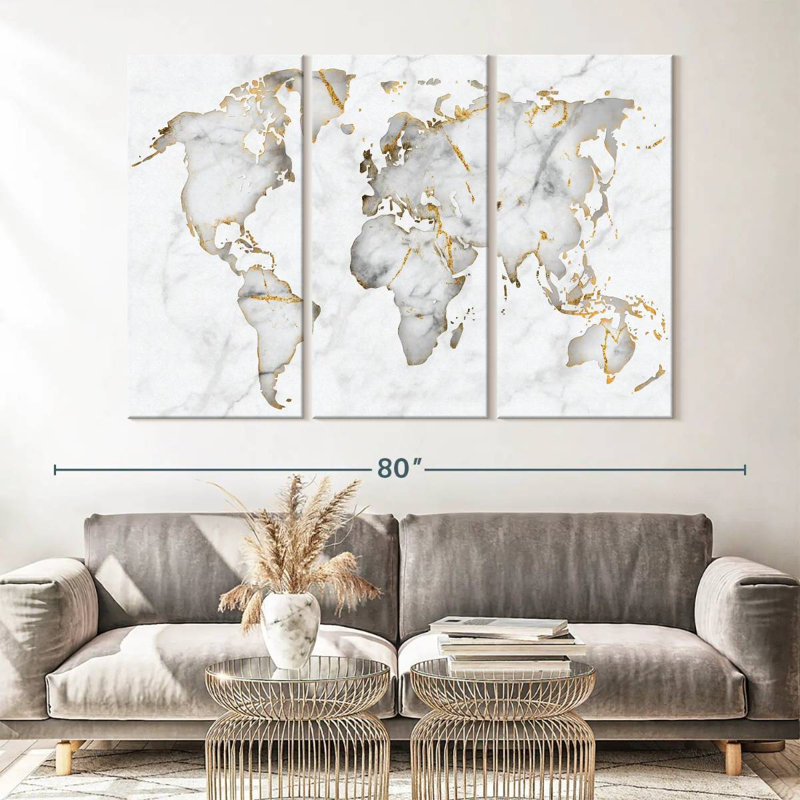 Carte du monde en marbre blanc, carte du monde sur toile, ensemble de 3 pièces, H 42 po x l 65 po x P 1,25 po
