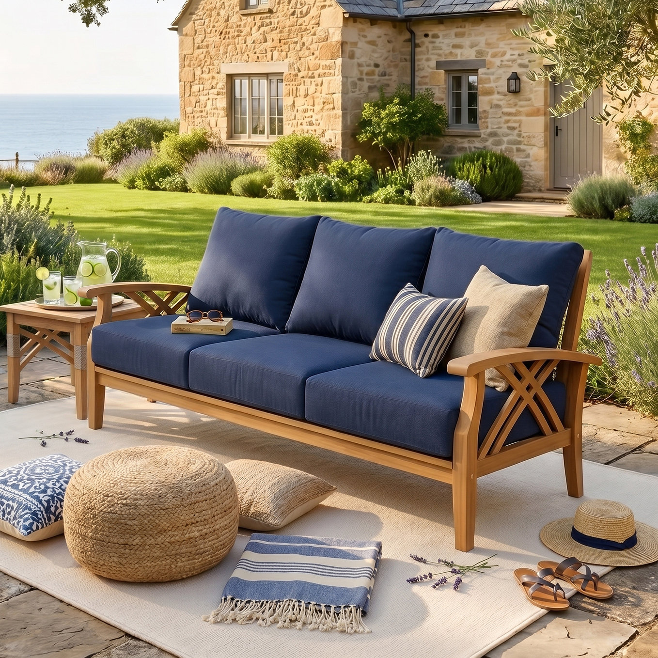 Cotesfield 78" Teak Patio Sofa, Navy