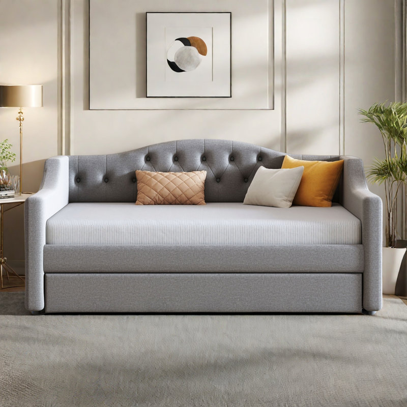 Modern Upholstered Daybed With Led Belt, Trundle And Button Tufted Design, Gray