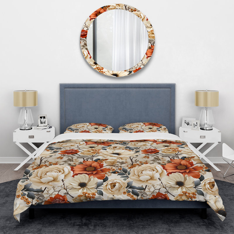 Literie rétro à motif floral rustique brun rétro, Housse de couette pour grand lit et 2 taies décor