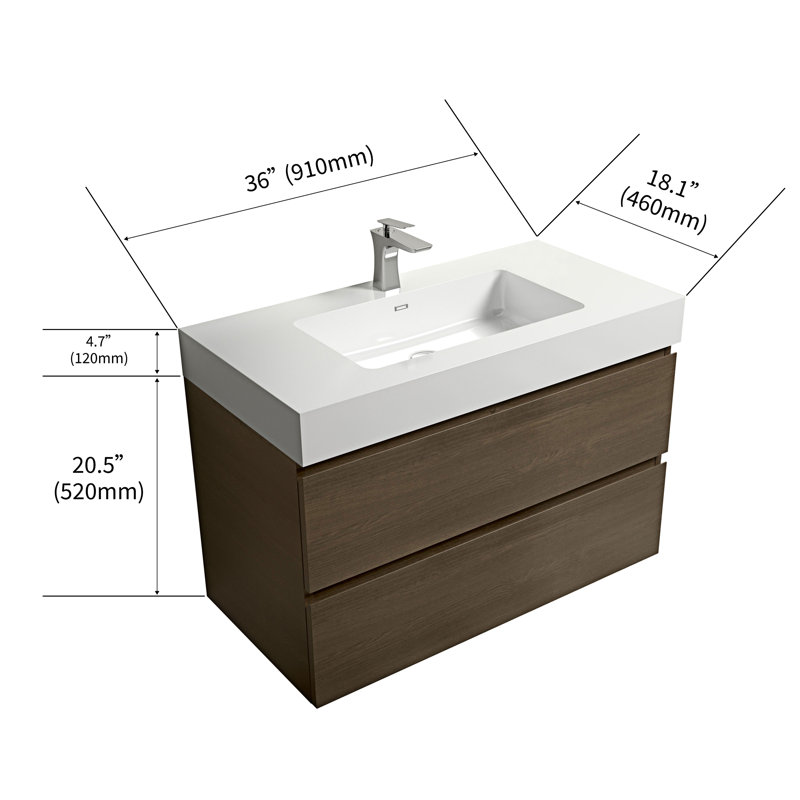 Rosehill Wall Mounted Single Bathroom Vanity with Engineered Stone Top, Dark Oak, White