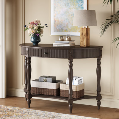 Console en bois massif demi-lune avec tiroir et tablette, table d'entrée cannelée brun rustique, pieds romains