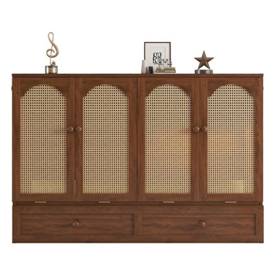 Murphy Bed, Pine Wood Cabinet Bed with Power Station and Rattan Decoration Panel