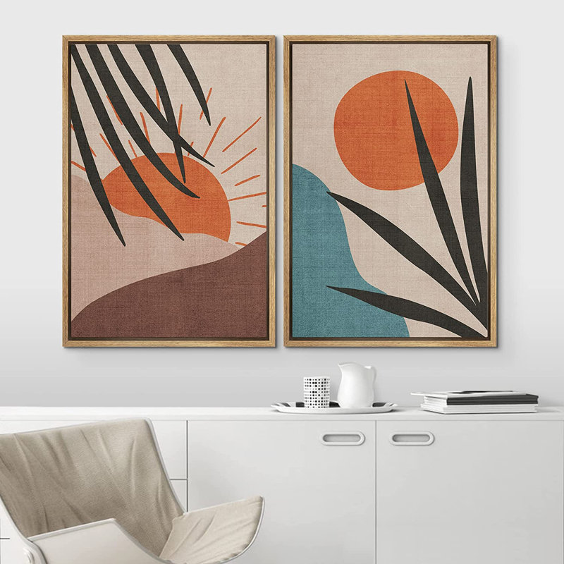 IDÉE4WALL, reproduction d'art sur toile encadrée, ensemble de fleurs de Mid-Century pastel Rising Sun, Brun