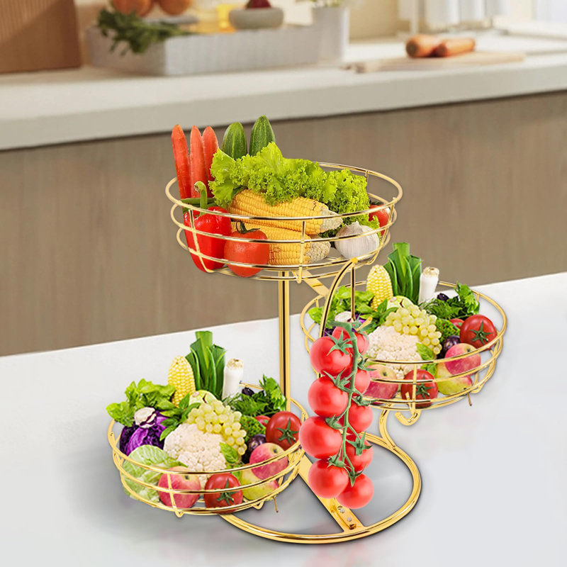 Panier à fruits avec support à banane, panier de rangement pour fruits et légumes avec support à bananier (doré / 3 niveaux)