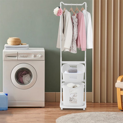2-Tier Rolling Laundry Hamper with Hanging Rod, Space-Saving Clothes Organizer Cart with Wheels