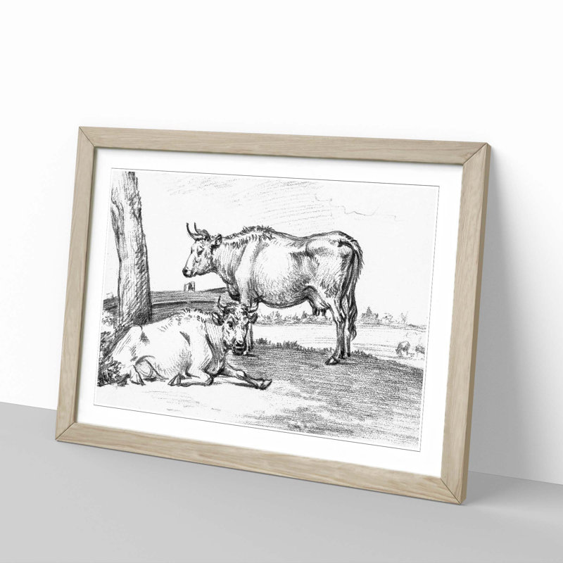 Two Cows by Jean Bernard - Picture Frame Drawing Print, 36cm H x 48cm W x 2cm D, Oak Framed