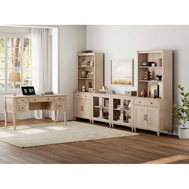 Ensemble de bureau et de meuble télé de style campagnard, centre de divertissement avec tablettes pour téléviseurs de 75 po ou moins, bureau d'écriture pour bureau personnel et salon, beige