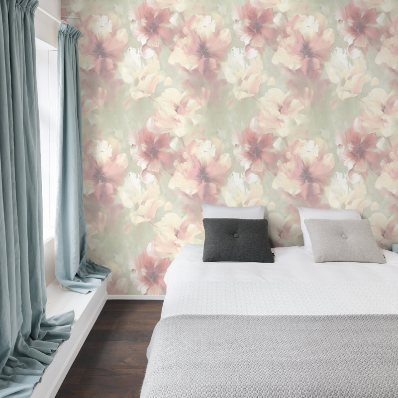 Very Collection Large Floral Bloom Double Width 42-inches Wide Wallpaper Roll, Green