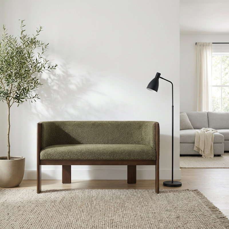 Causeuse compacte à deux places avec structure en bois massif et tissu en polyester, Noyer, Vert