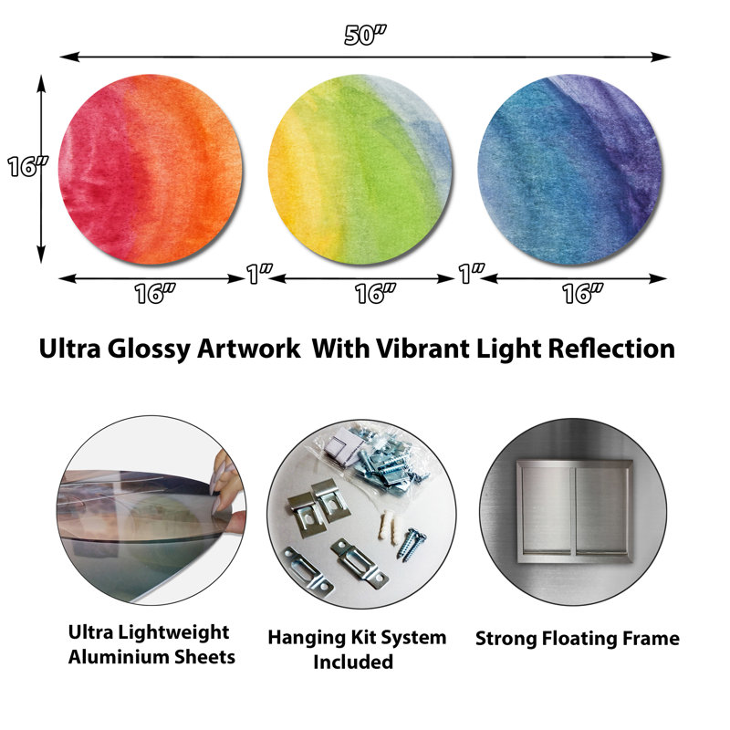 «Flowing Rainbow Colors» - Ensemble de 3 décorations murales abstraites en métal