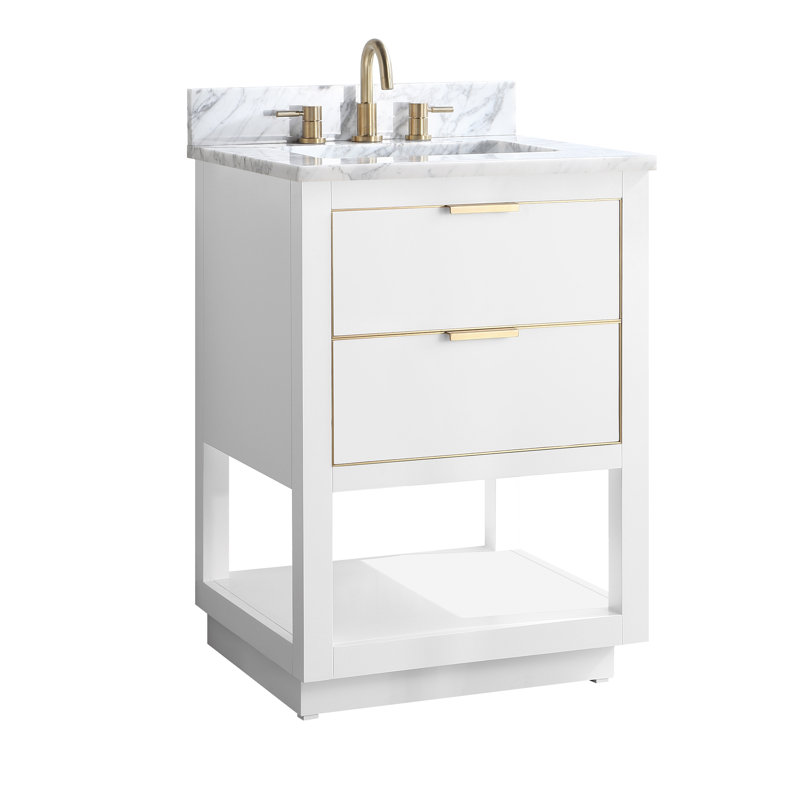Allie 25" Single Bathroom Vanity Set, Carrara White Marble/Gold, White