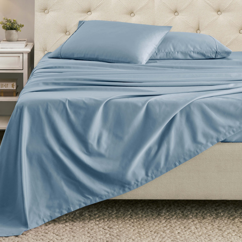 Ensemble de draps en mélange de coton 1500 fils Superior, Ensemble de draps très grand californien avec 2 t, Bleu
