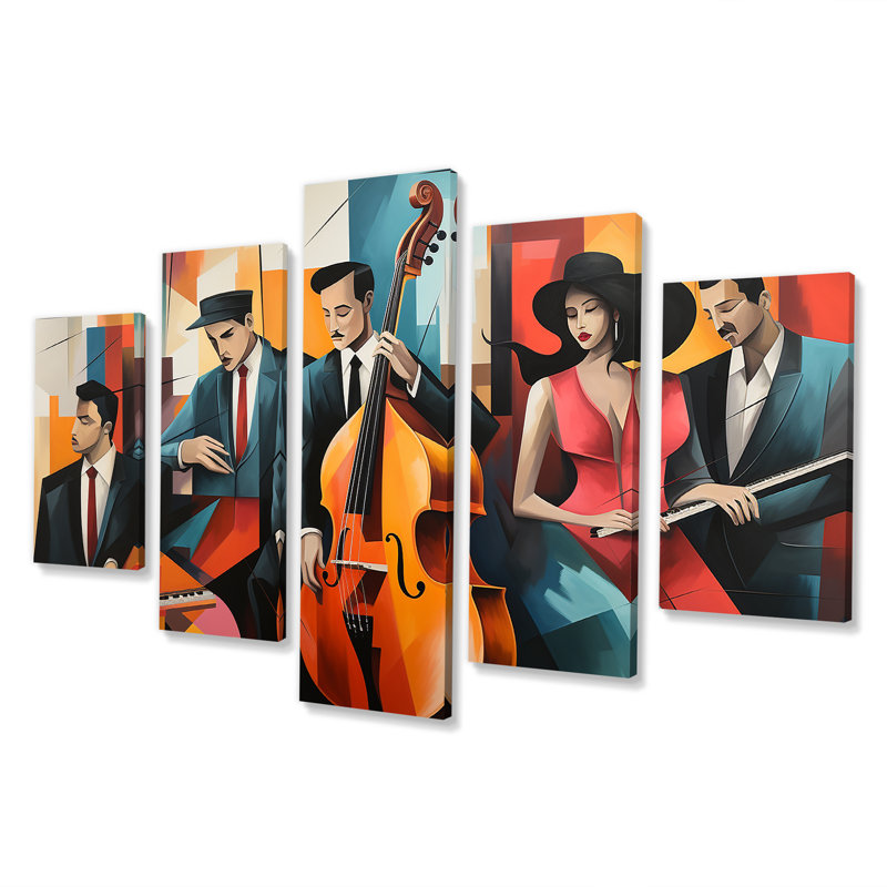 Cubist Jazz Quintet With Double Bass - Musician Wall Art, ensemble de 5 pièces