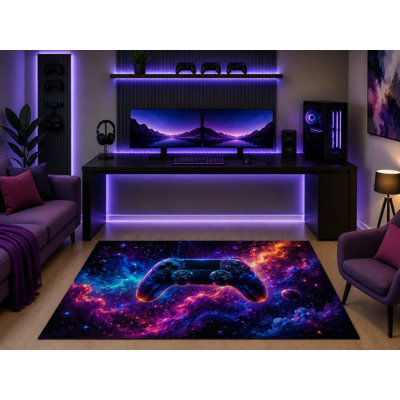 "Ultra Lightweight" 5' x 7' Galaxy Nebula Gaming Controller Area Rug Cosmic Space Art Gamer Bedroom Game Room Teen Room Modern Decor Non-Slip Silicone Backing Low Pile