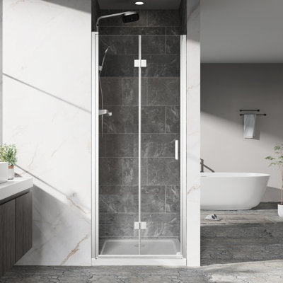 Porte de douche pivotante en verre pliable de 32 à 33 pouces de large avec cadre en aluminium, installation réversible et prévention des taches d'eau