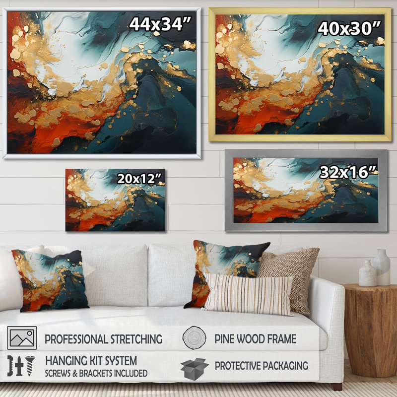 Tempête de marbre bleu et doré IV - art mural abstrait, Toile tendue, H 24 po x l 32 po x P 1 po