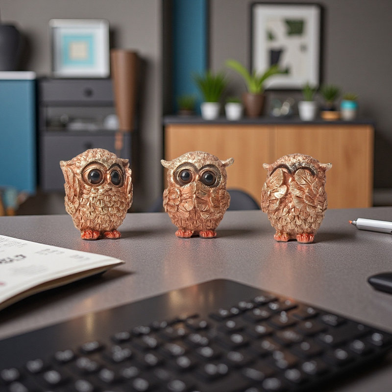 Ensemble de 3 sculptures hibou, Brun