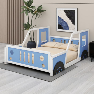 Solid Wood Car-Shaped Platform Bed With Wooden Slats, Wheels, Headboard And Footboard