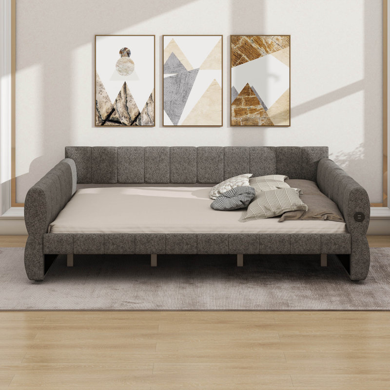 King Size Upholstered Daybed Frame With USB, Soft Lambswool Platform Bed, Gray