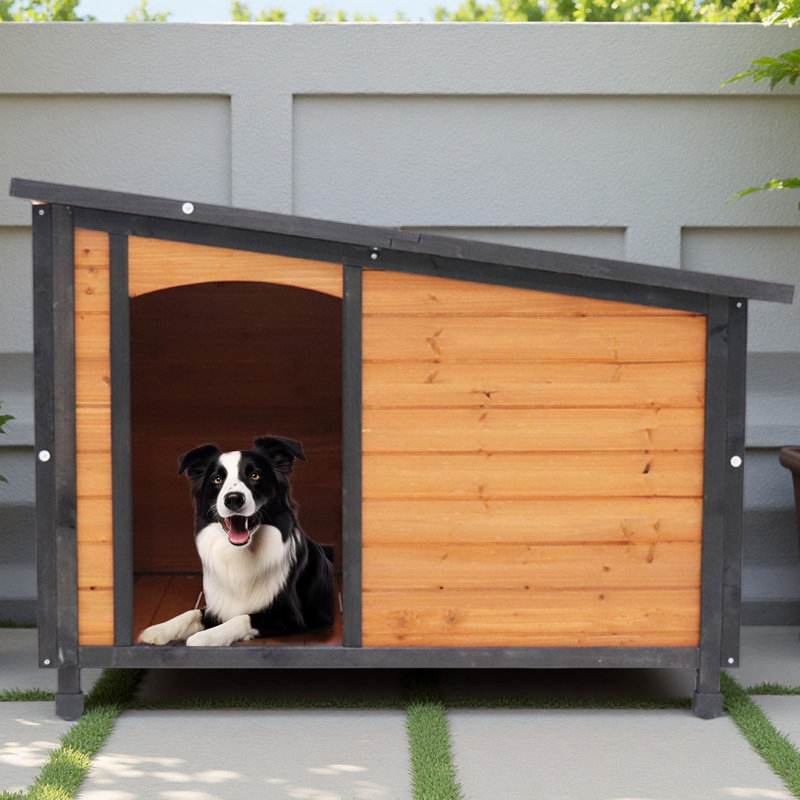 46"Dog House Outdoor & Indoor Wooden Dog Kennel For Winter With Raised Feet Weatherproof For Large Dogs