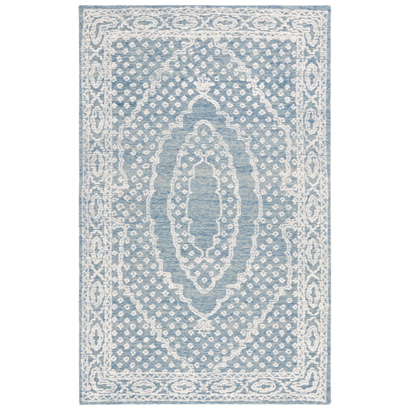Resnel Ebony Hand Tufted Wool Cotton Oriental Rug in Ivory/Navy, Rectangle 5' x 8'