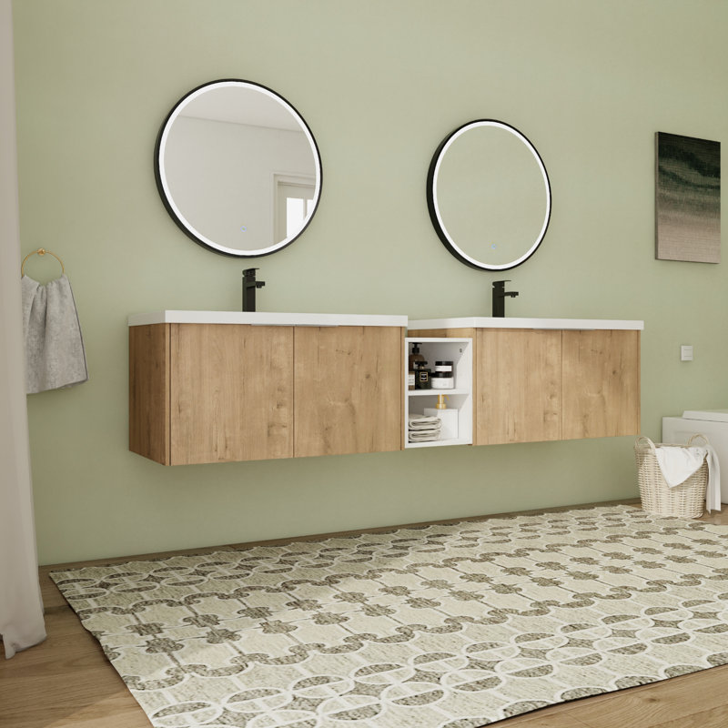 Meuble-lavabo double 82,97 po avec plateau en résine Kavel, Brun clair