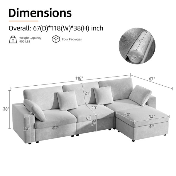Ebern Designs 118"Modular Sectional Sofa with Storage Ottoman and ...