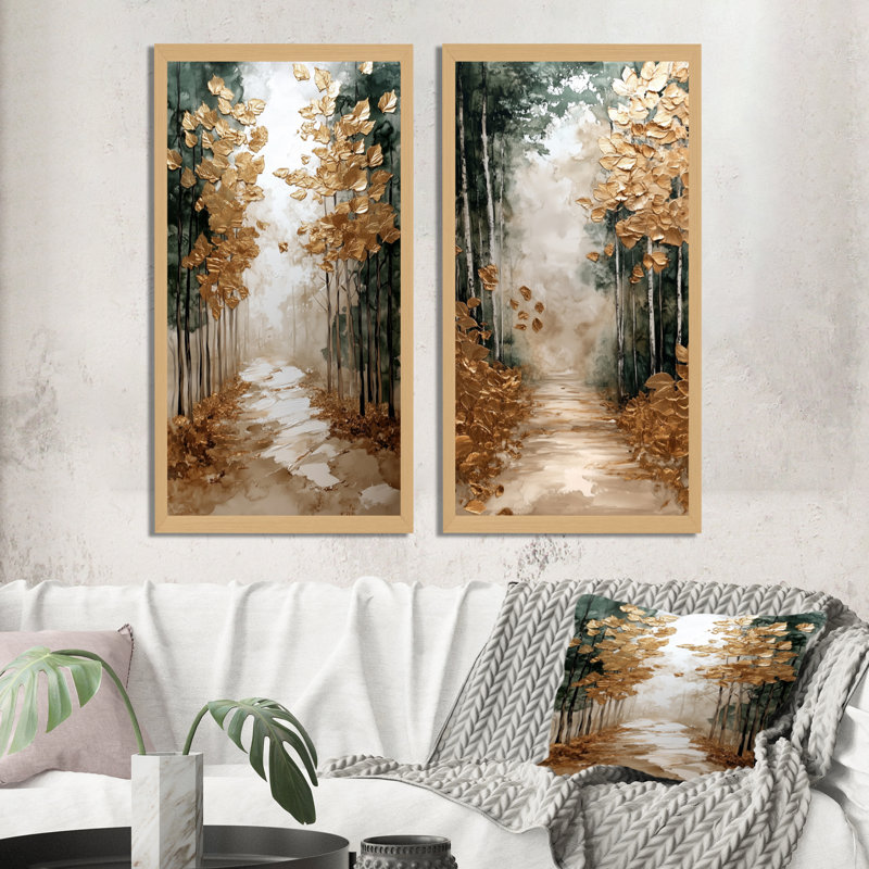 Chemin forestier doré d'été - Ensemble de 2 impressions encadrées, 32" H x 32" W, Natural Picture Framed