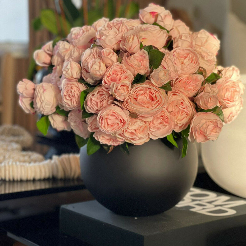 Blush English Roses In Matte Black Fishbowl Vase, Black, Pink