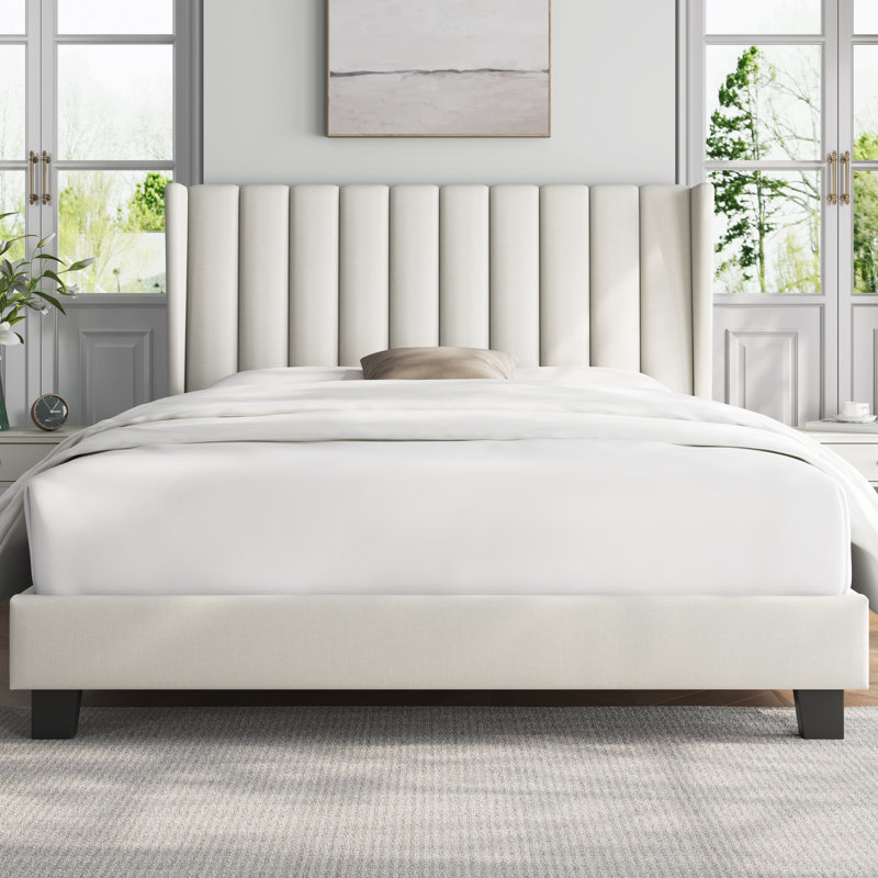 Upholstered Bed Frame with Channel Tufted Headboard, Kingsize (5'), Beige