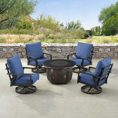 Ensemble de table de foyer en aluminium noir avec quatre fauteuils club