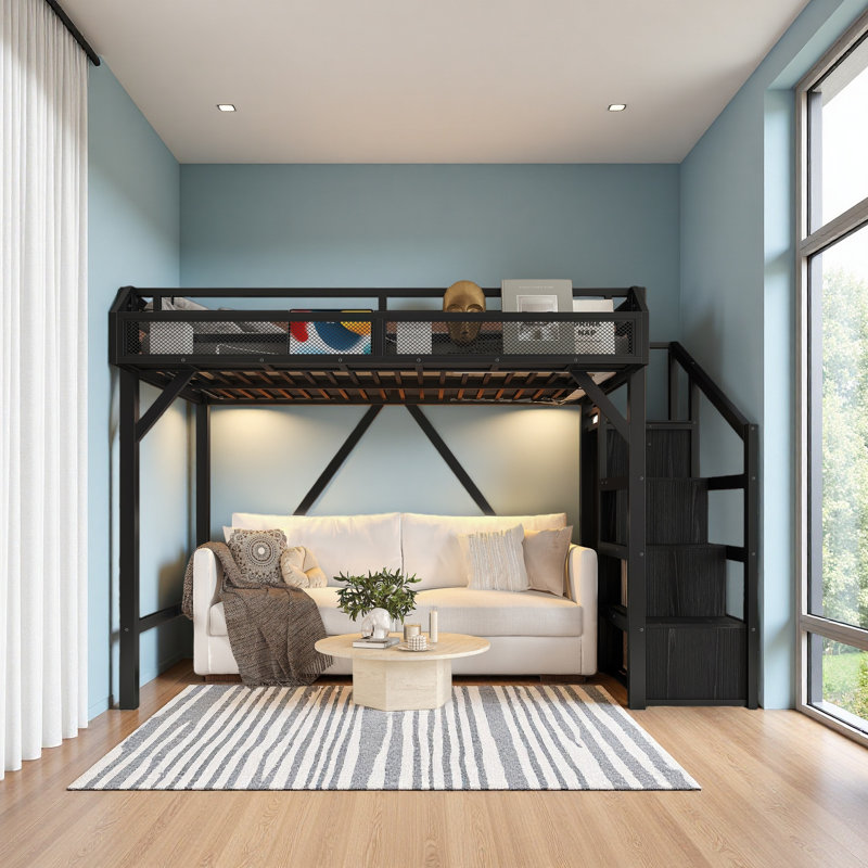Twin XL Loft Bed With Storage Stairs, Shelves And Built-In Wardrobe, Metal Loft Bed Frame With USB Ports And LED Lights