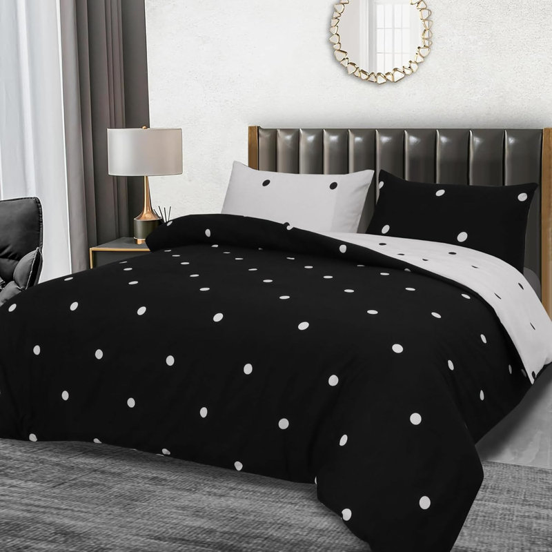 250TC Brushed Microfiber Duvet Cover Set with Pillowcases (3 in 1), Black/White Polka Dots