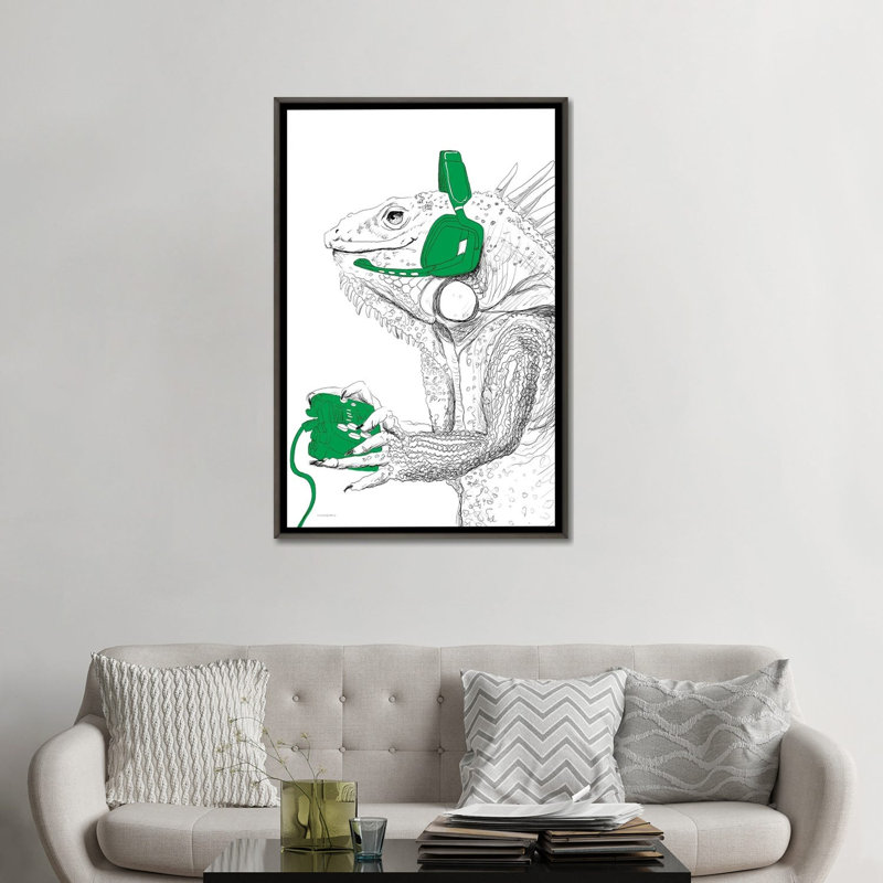 «I-guana Game All Day», reproduction d'art sur toile encadrée, 48 po x 32 po, Toile avec cadre, Gris