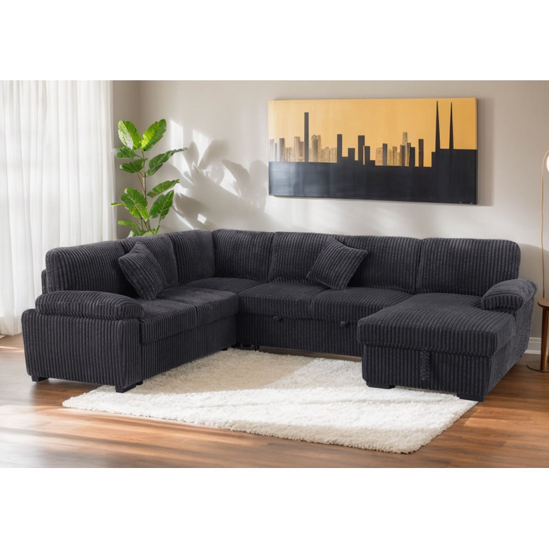 4 Piece Upholstered Corduroy  U-Shape Sectional Sleeper Sofa Bed(Pull Out Style) With Storage Space