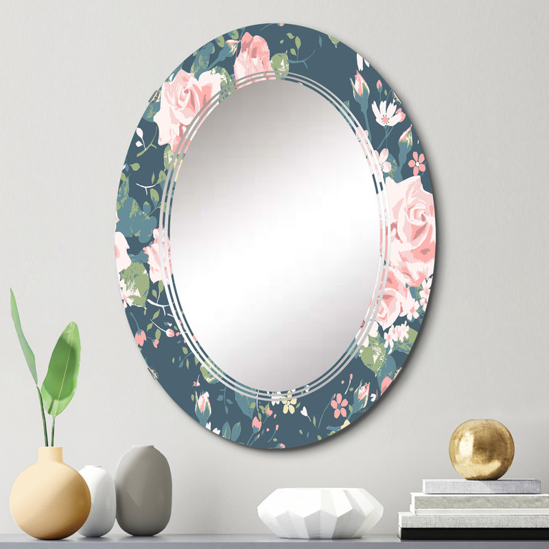 Miroir mural rétro à motif de roses rétro sur fond bleu marine, 30 po x 20 po