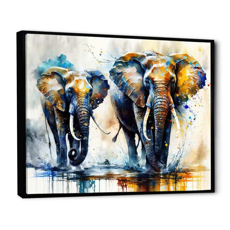 Éléphants qui courent II - reproduction sur toile, L 20 po x H 12 po, Toile avec cadre flottant noir